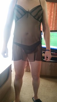 Hubby in his xmas new lingerie6