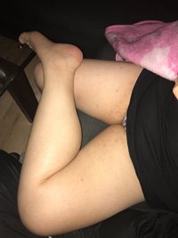 My wife’s sexy crossed legs upskirt panty view.