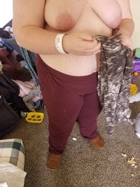 This slut doesnt like clothes at all. Completely normal to only have pants ...