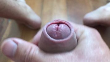 Close up uncut foreskin play and cum