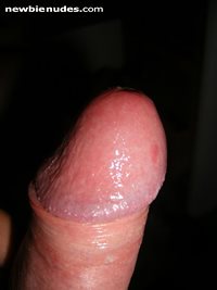 Glistening with pre-cum. Anyone want to see my vids?