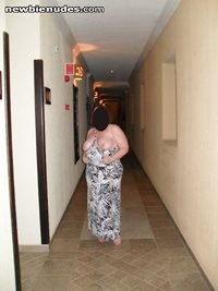 Tits out in the hotel hall