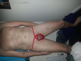 Hubby in his new sack strap more hangs out than in xx